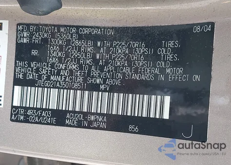 2005 Toyota Highlander from USA, damaged, VIN JTEGD21A350108511